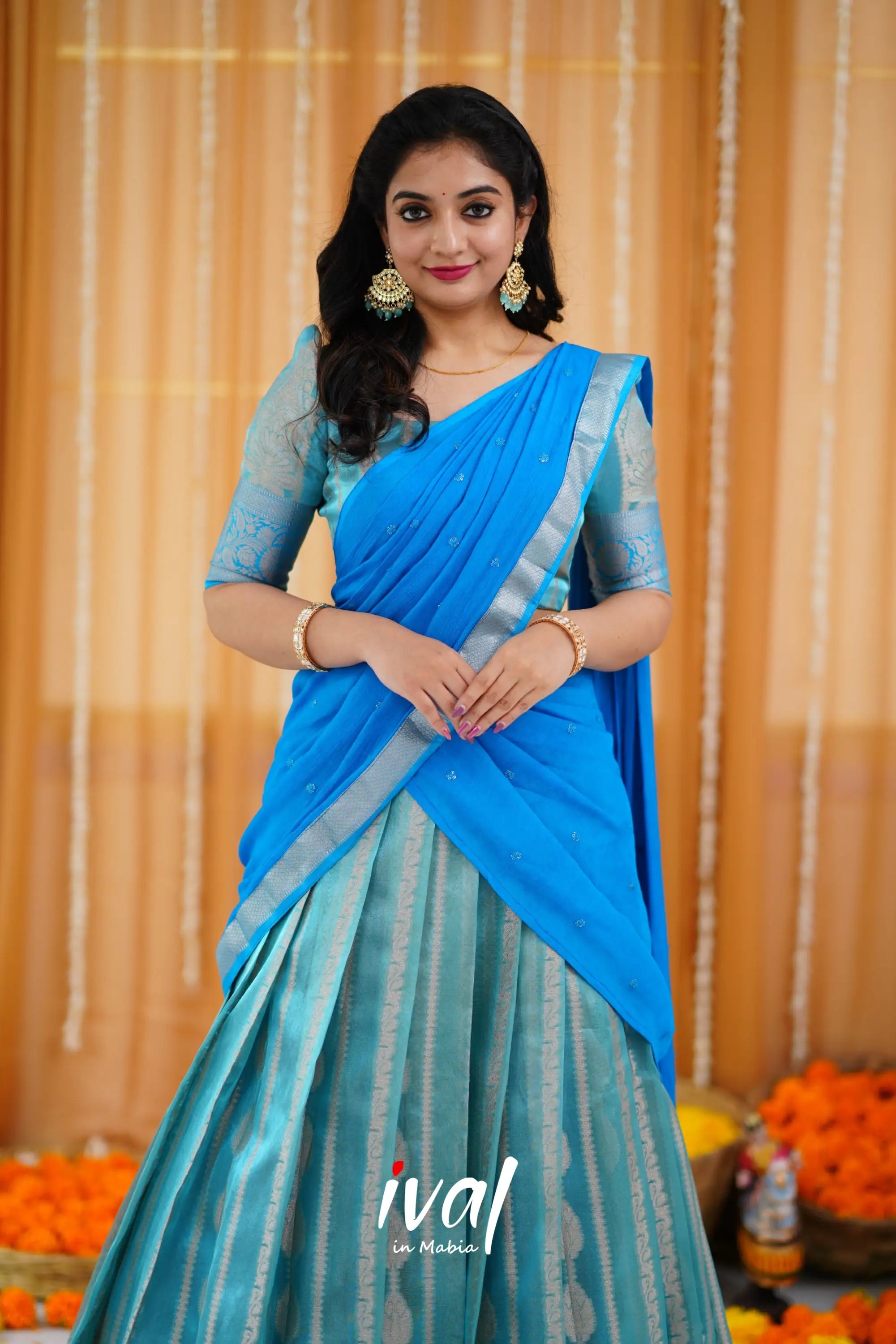 Izhaiyini Organza Halfsaree - Light Blue And Sky Half Sarees