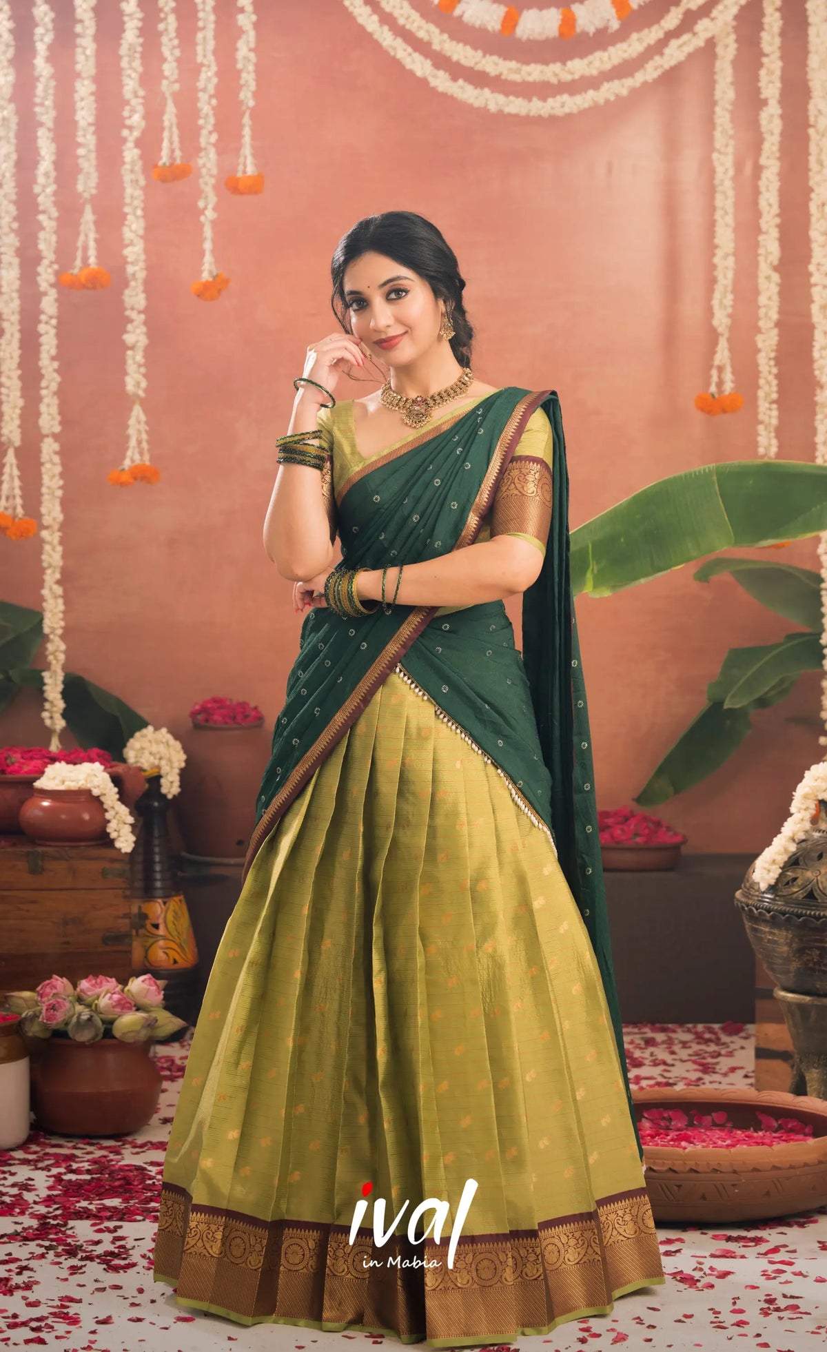 Izhaiyini Organza Halfsaree - Light green and Bottle green - Half Sarees