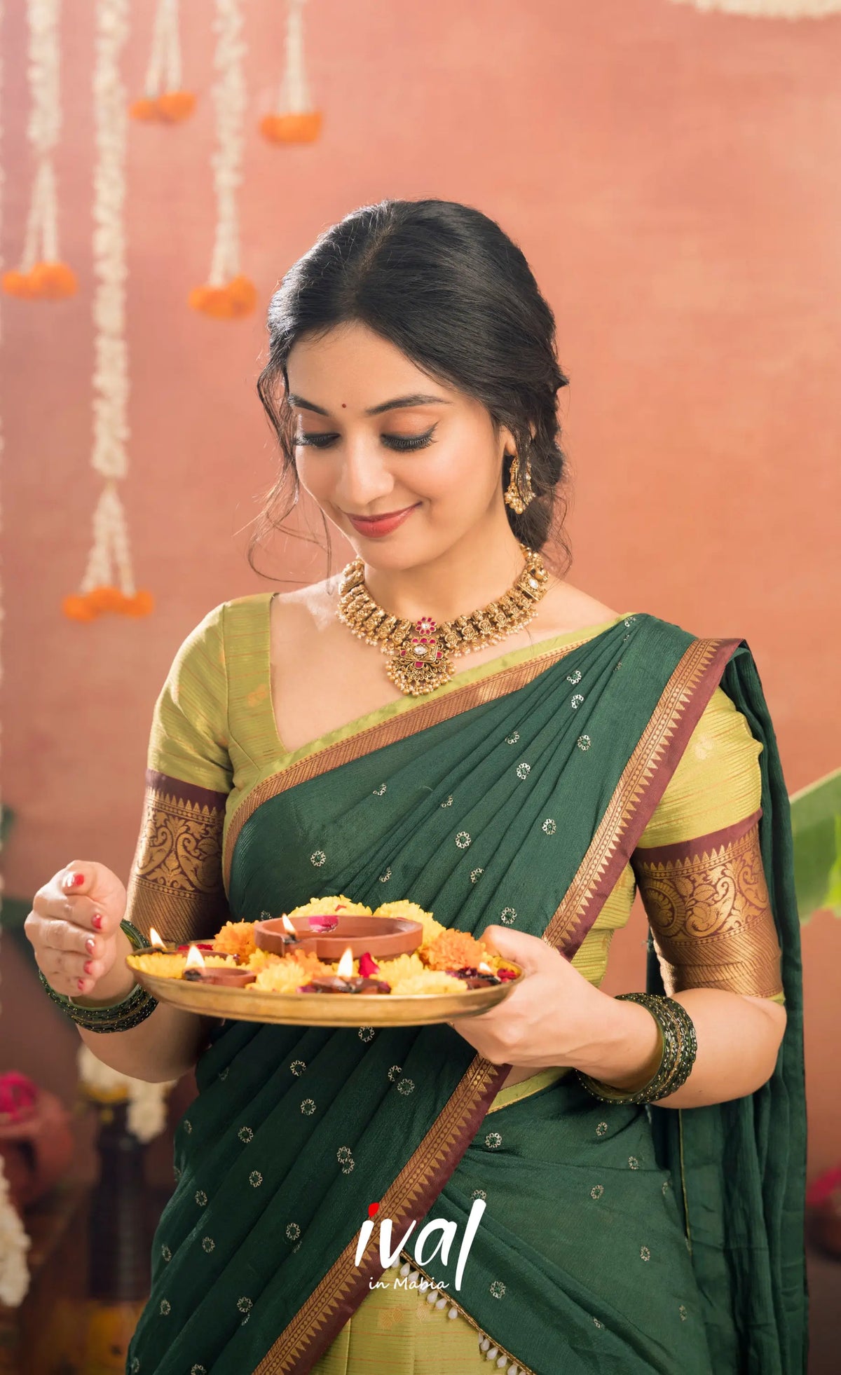 Izhaiyini Organza Halfsaree - Light green and Bottle green - Half Sarees