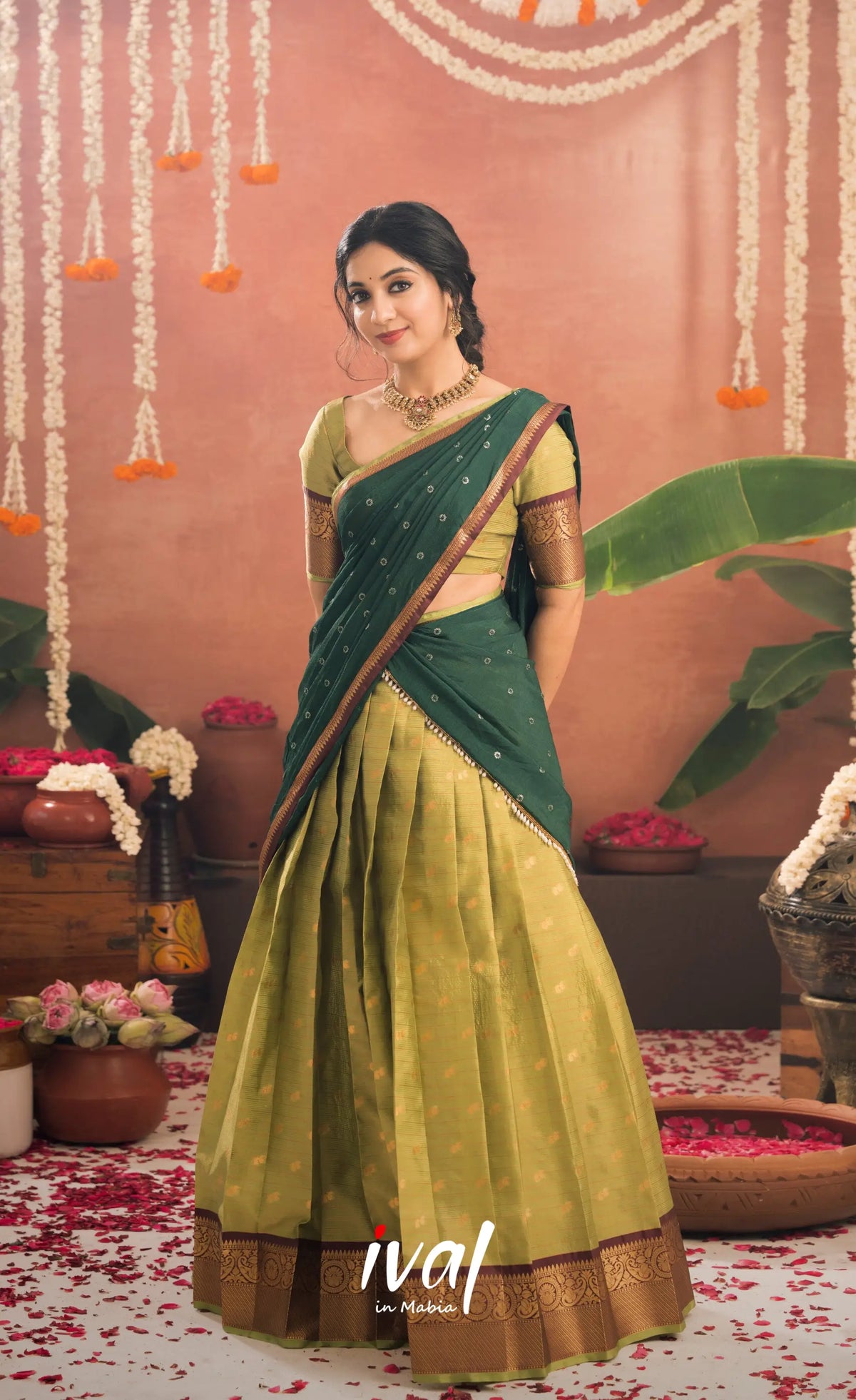 Izhaiyini Organza Halfsaree - Light green and Bottle green - Half Sarees