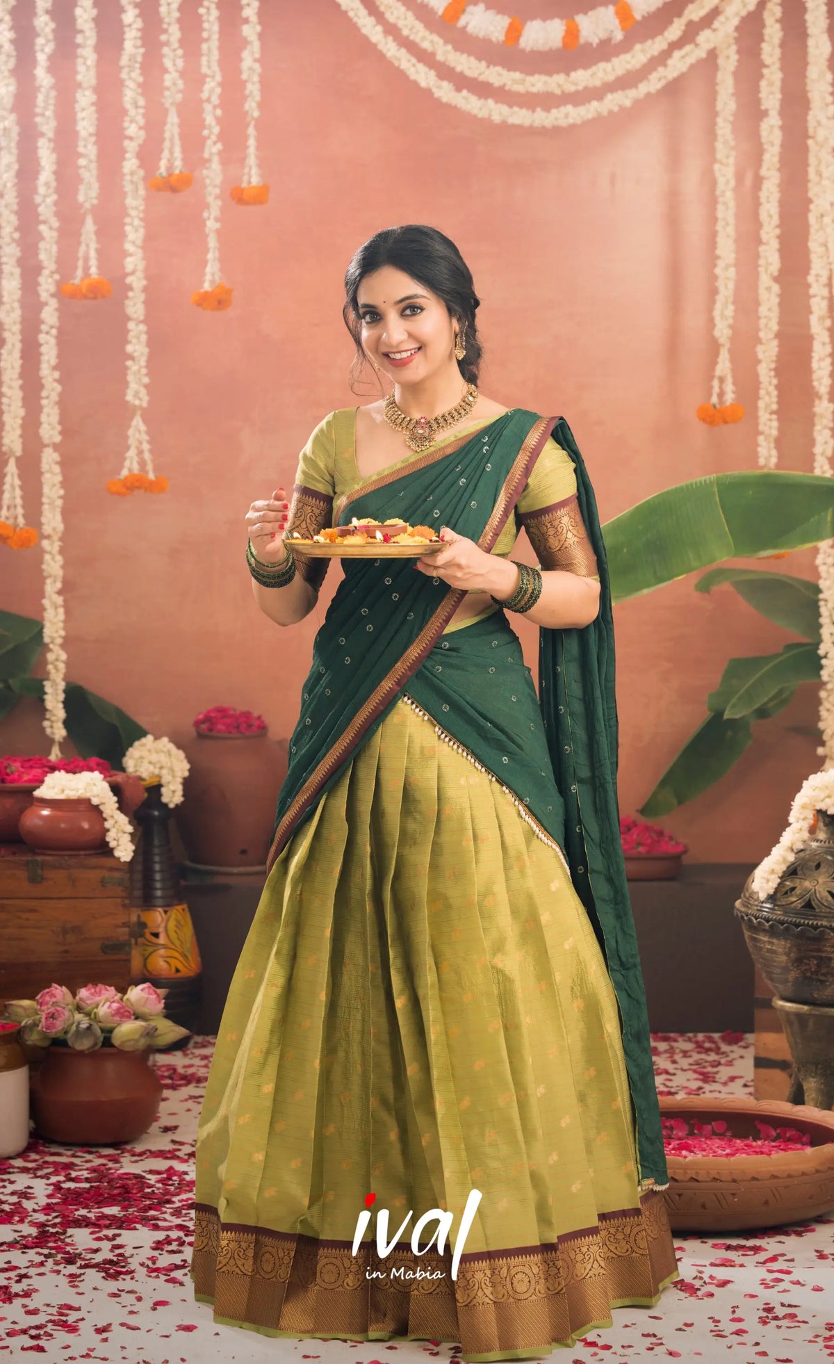 Izhaiyini Organza Halfsaree - Light green and Bottle green - Half Sarees
