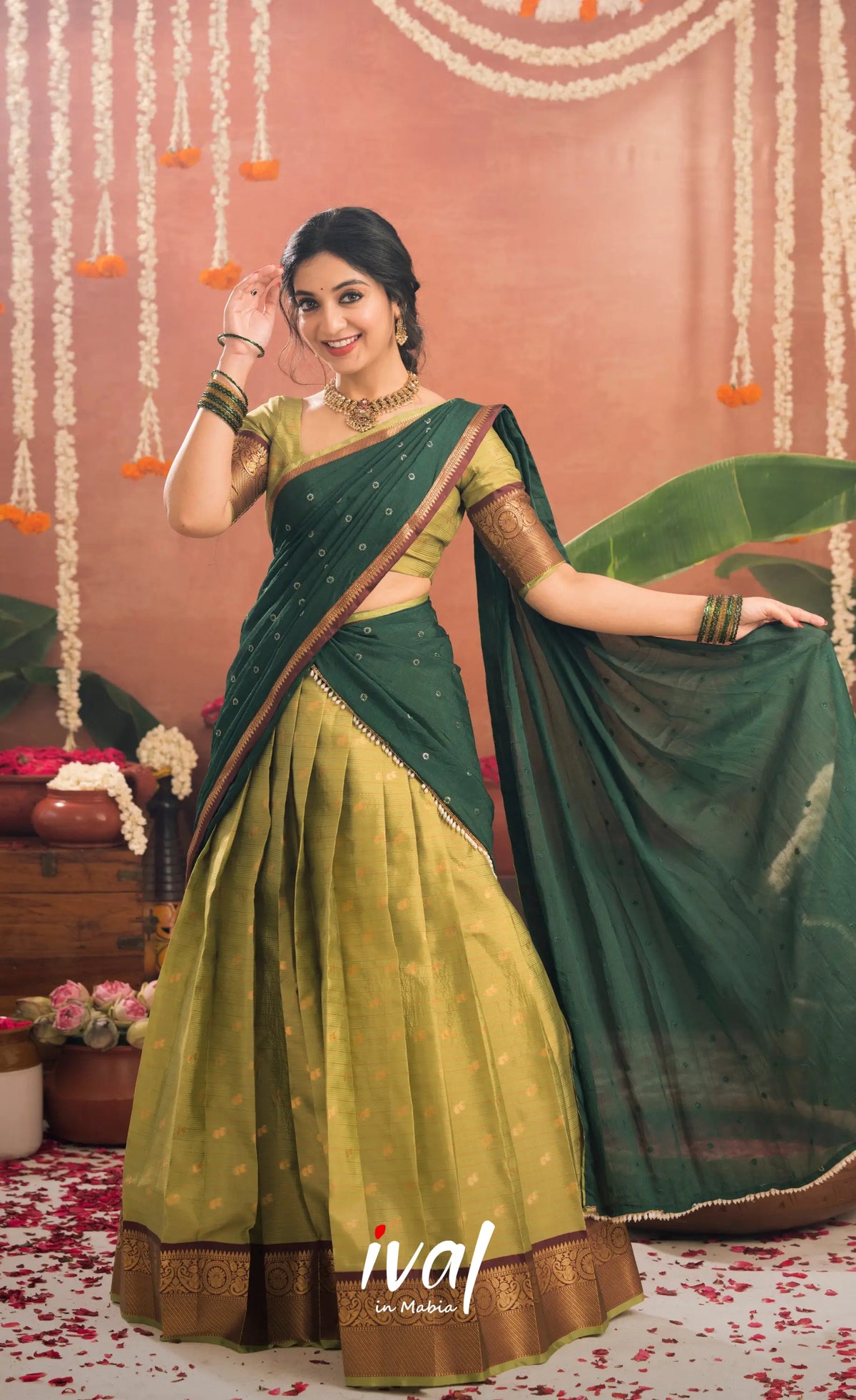 Izhaiyini Organza Halfsaree - Light green and Bottle green - Half Sarees