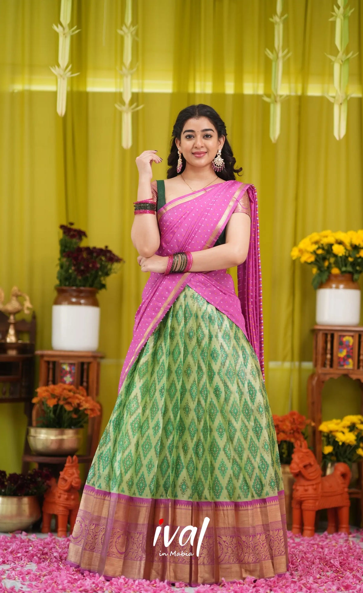 Izhaiyini Organza Halfsaree - Light green and Pink - Half Sarees