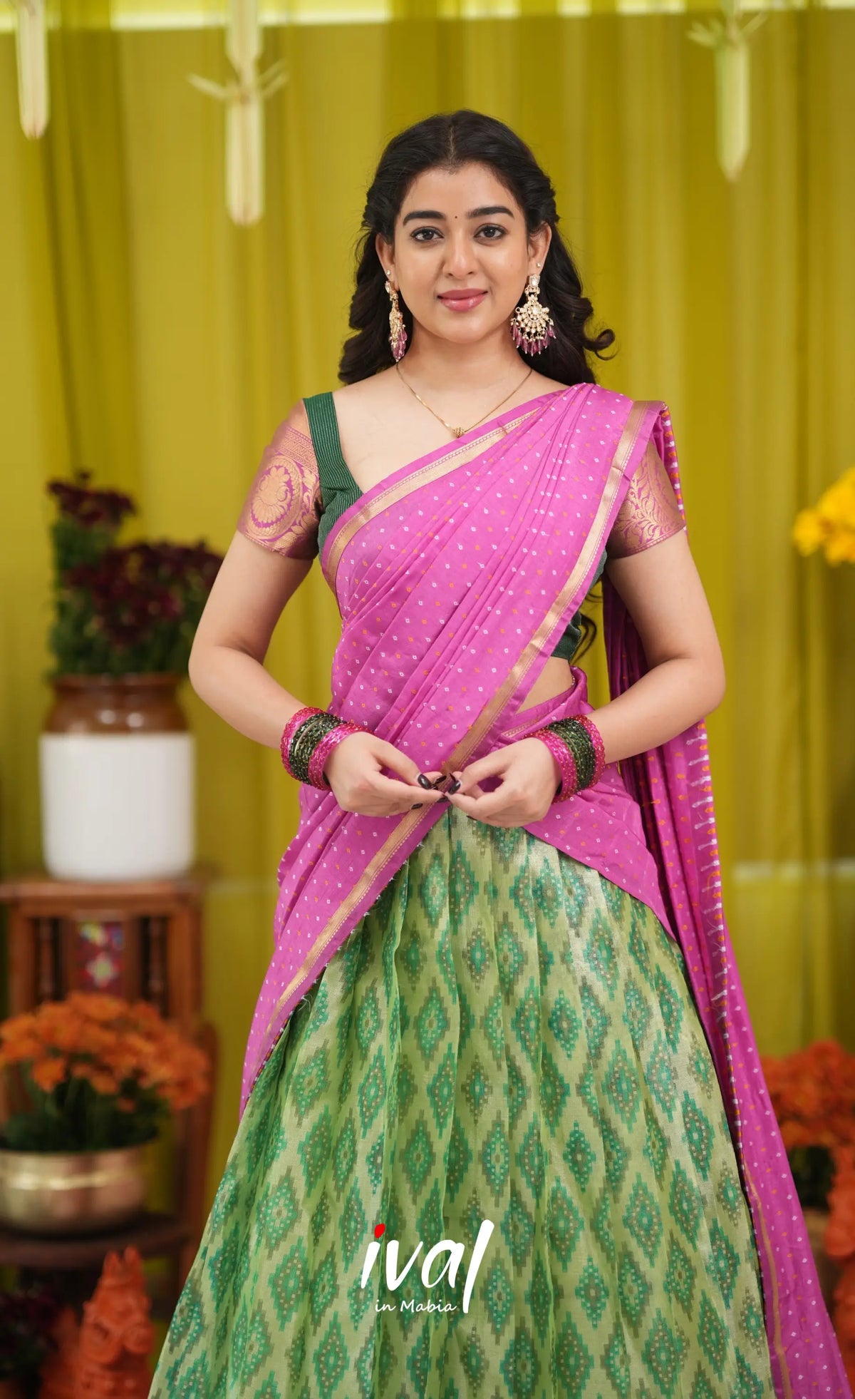 Izhaiyini Organza Halfsaree - Light green and Pink - Half Sarees