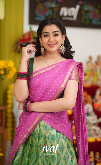 Izhaiyini Organza Halfsaree - Light green and Pink - Half Sarees