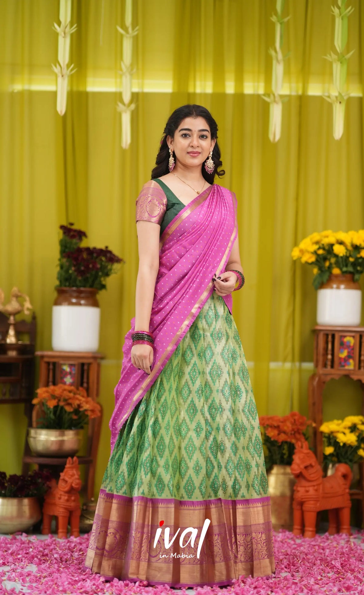 Izhaiyini Organza Halfsaree - Light green and Pink - Half Sarees