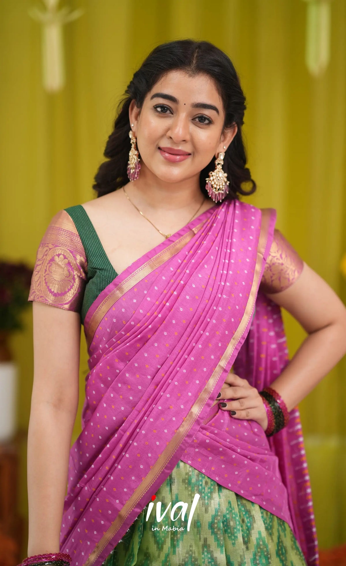Izhaiyini Organza Halfsaree - Light green and Pink - Half Sarees