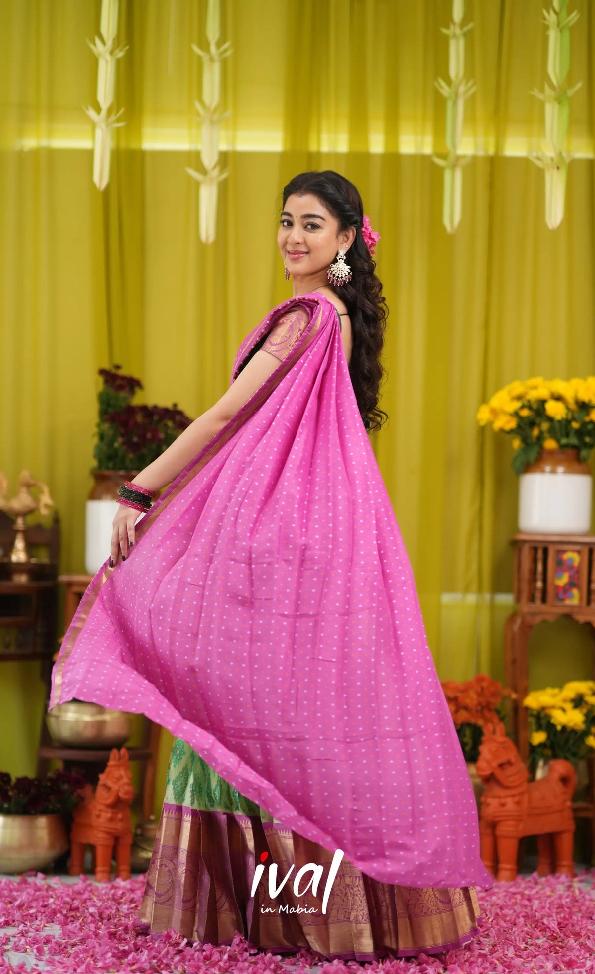 Izhaiyini Organza Halfsaree - Light green and Pink - Half Sarees