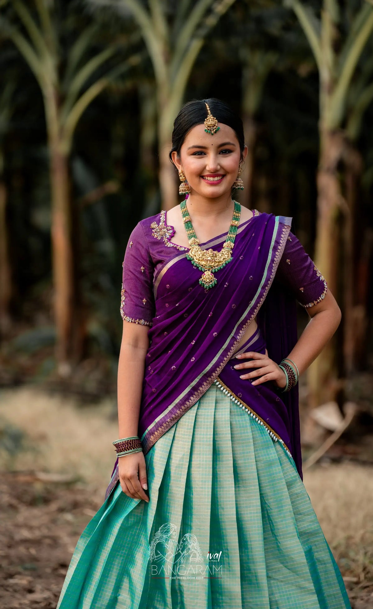 Izhaiyini Organza Halfsaree - Light Sea Blue and Purple Aaari Organza Halfsaree - Half Sarees