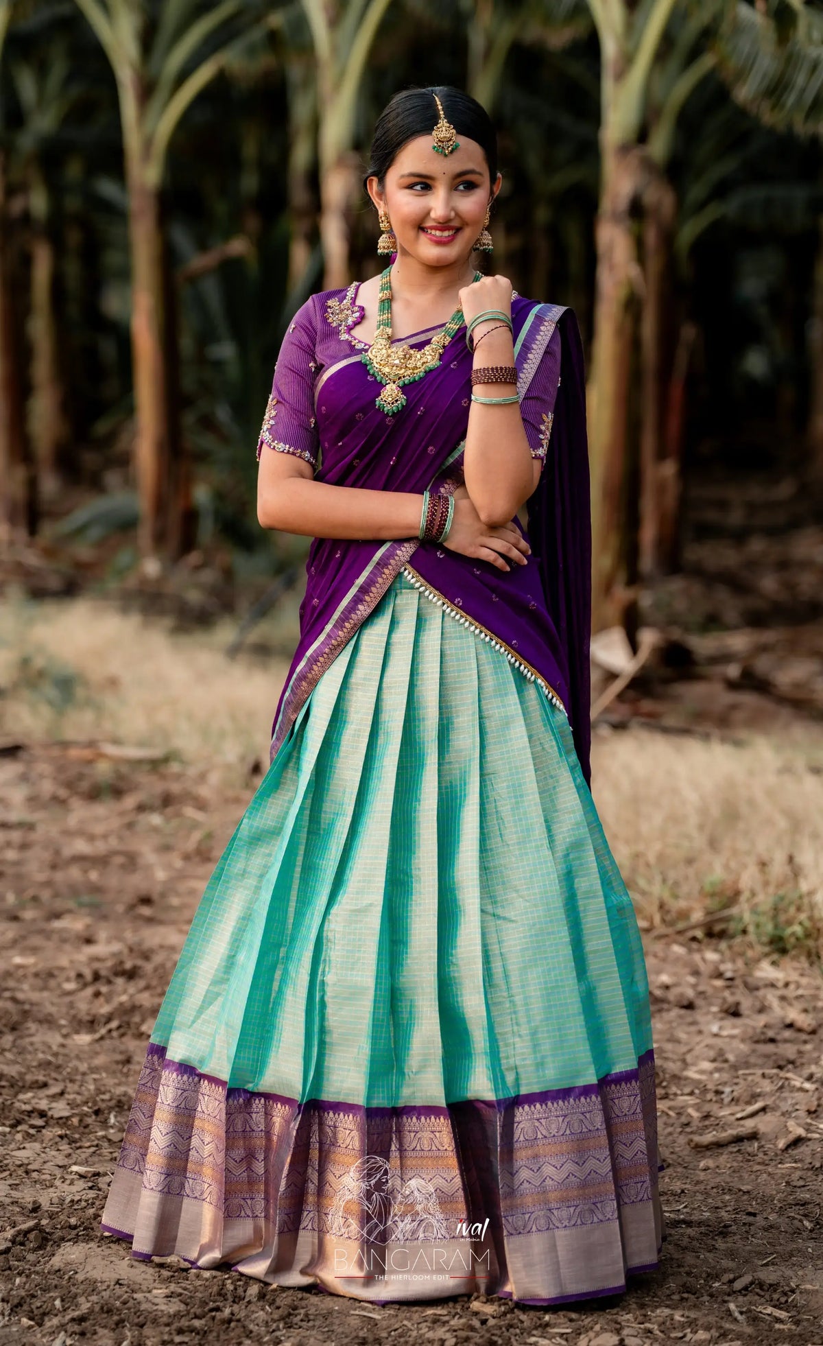 Izhaiyini Organza Halfsaree - Light Sea Blue and Purple Aaari Organza Halfsaree - Half Sarees