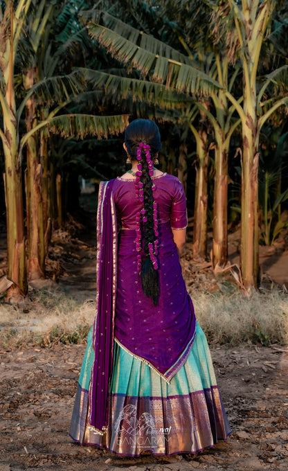 Izhaiyini Organza Halfsaree - Light Sea Blue and Purple Aaari Organza Halfsaree - Half Sarees