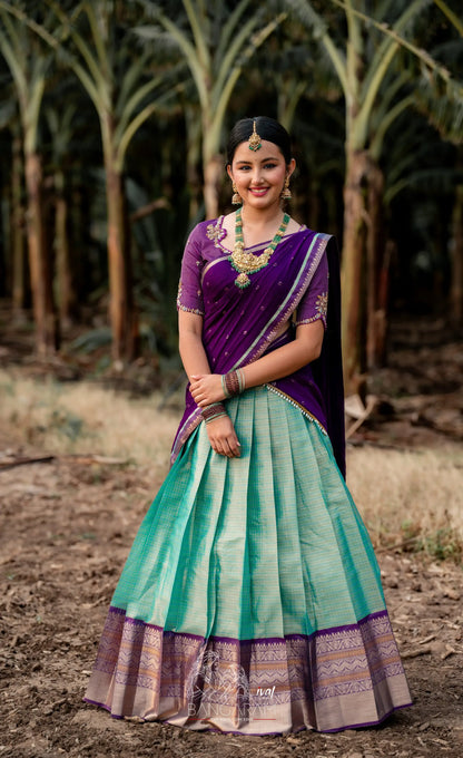 Izhaiyini Organza Halfsaree - Light Sea Blue and Purple Aaari Organza Halfsaree - Half Sarees