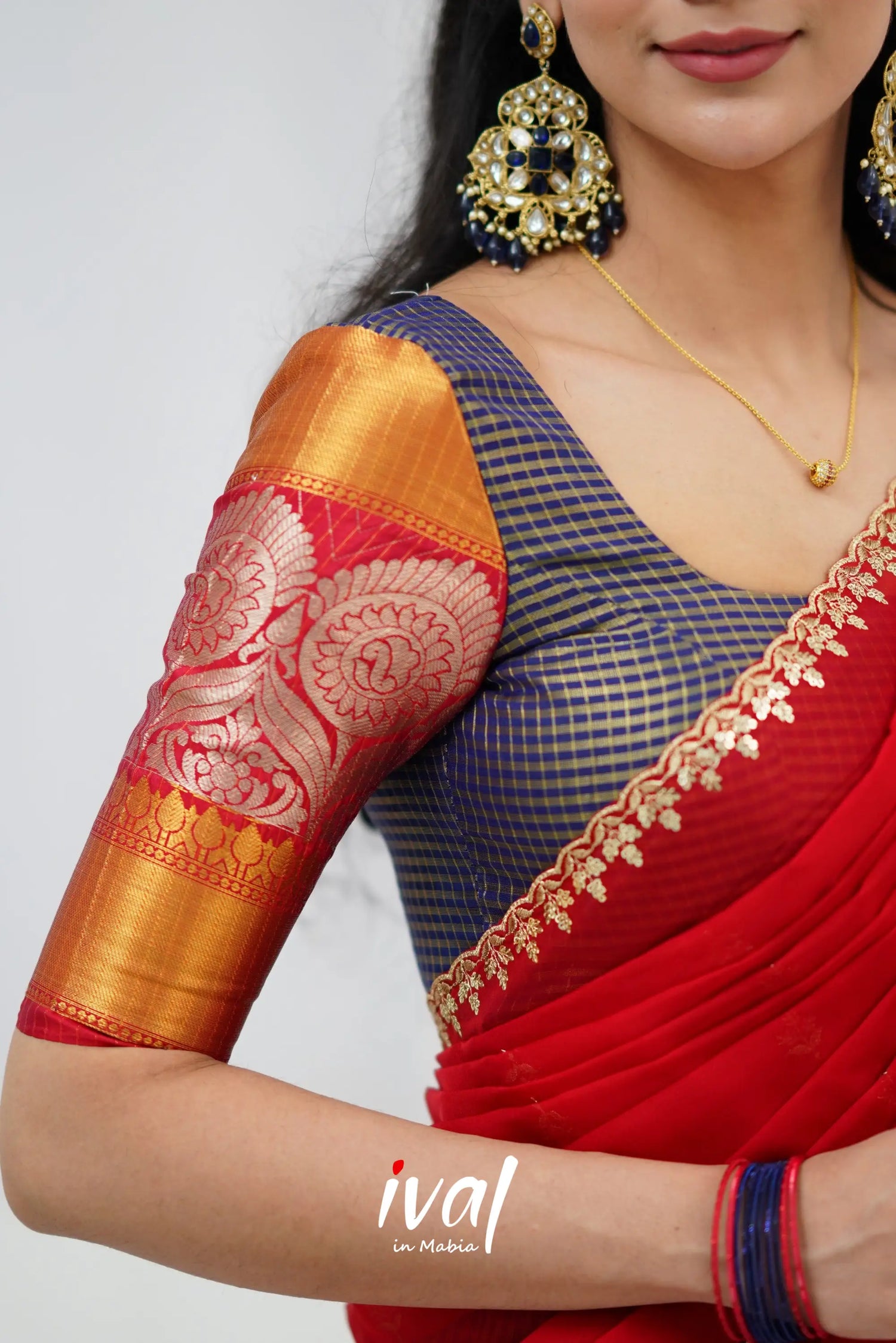 Izhaiyini Organza Halfsaree - Navy Blue And Red Half Sarees