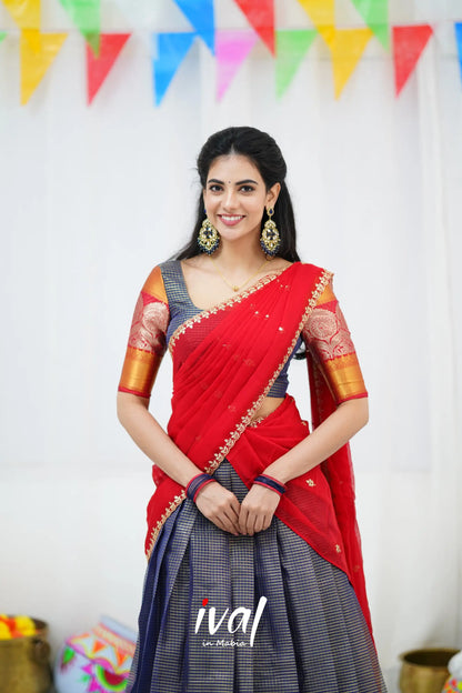 Izhaiyini Organza Halfsaree - Navy Blue And Red Half Sarees