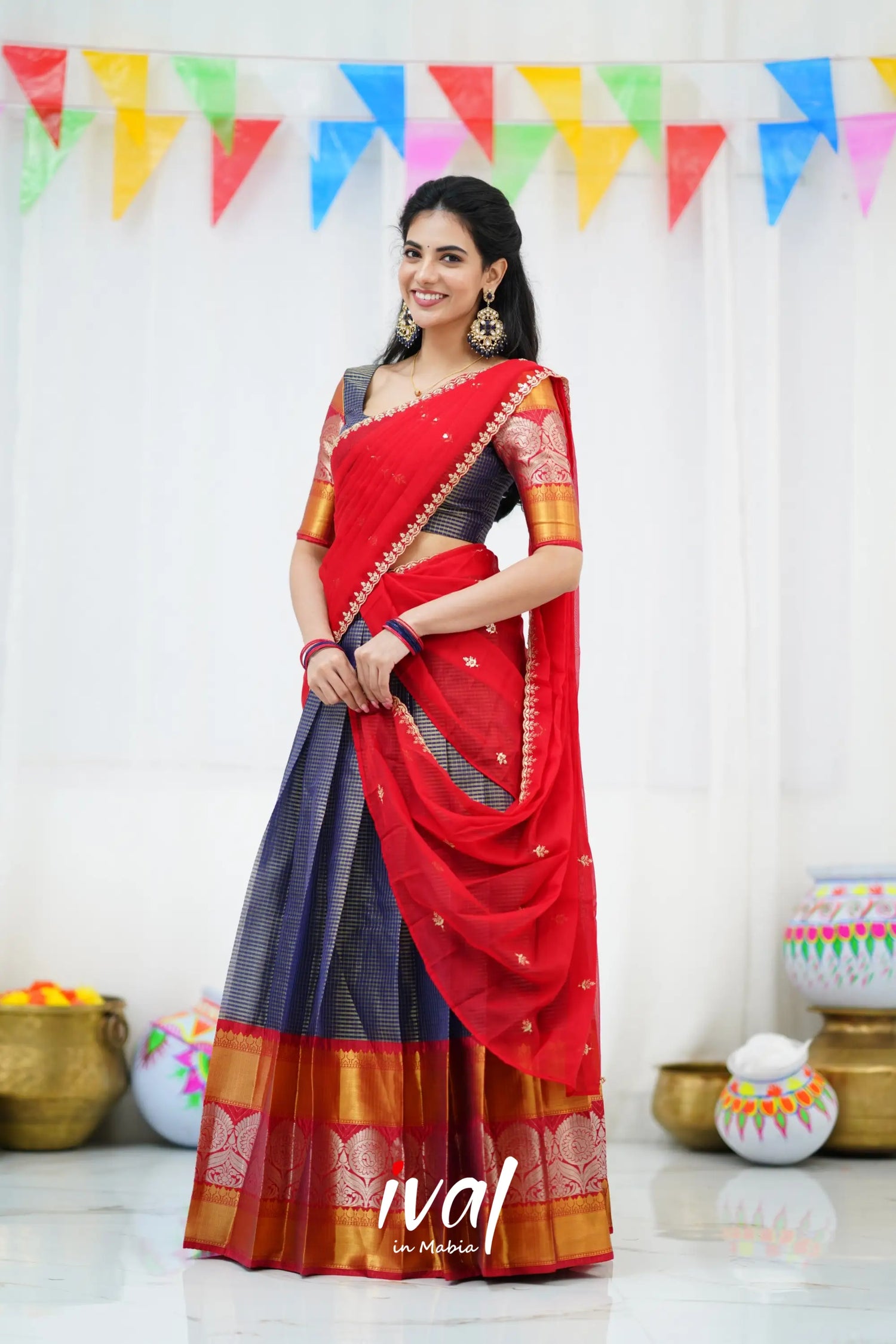 Izhaiyini Organza Halfsaree - Navy Blue And Red Half Sarees