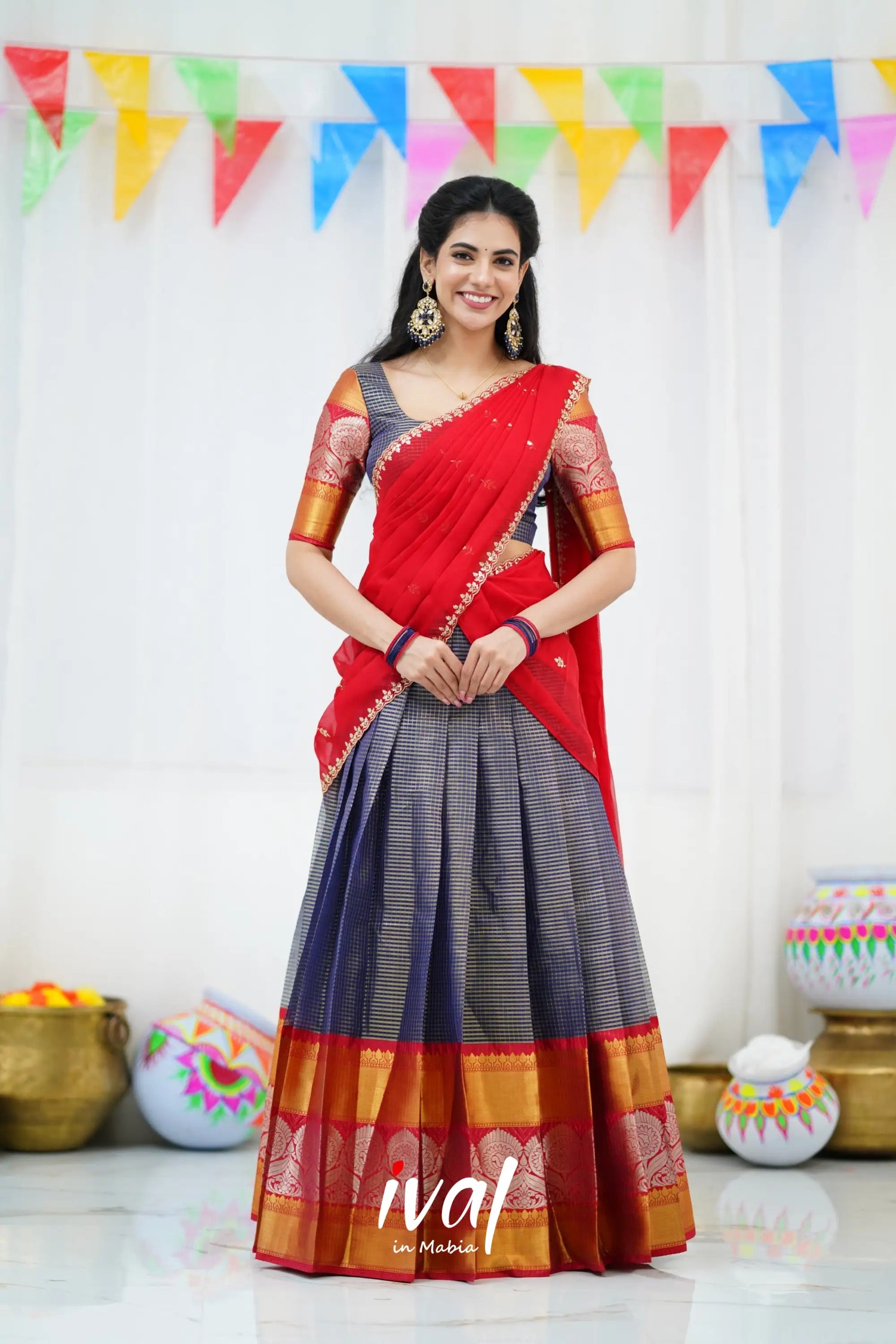 Izhaiyini Organza Halfsaree - Navy Blue And Red Half Sarees