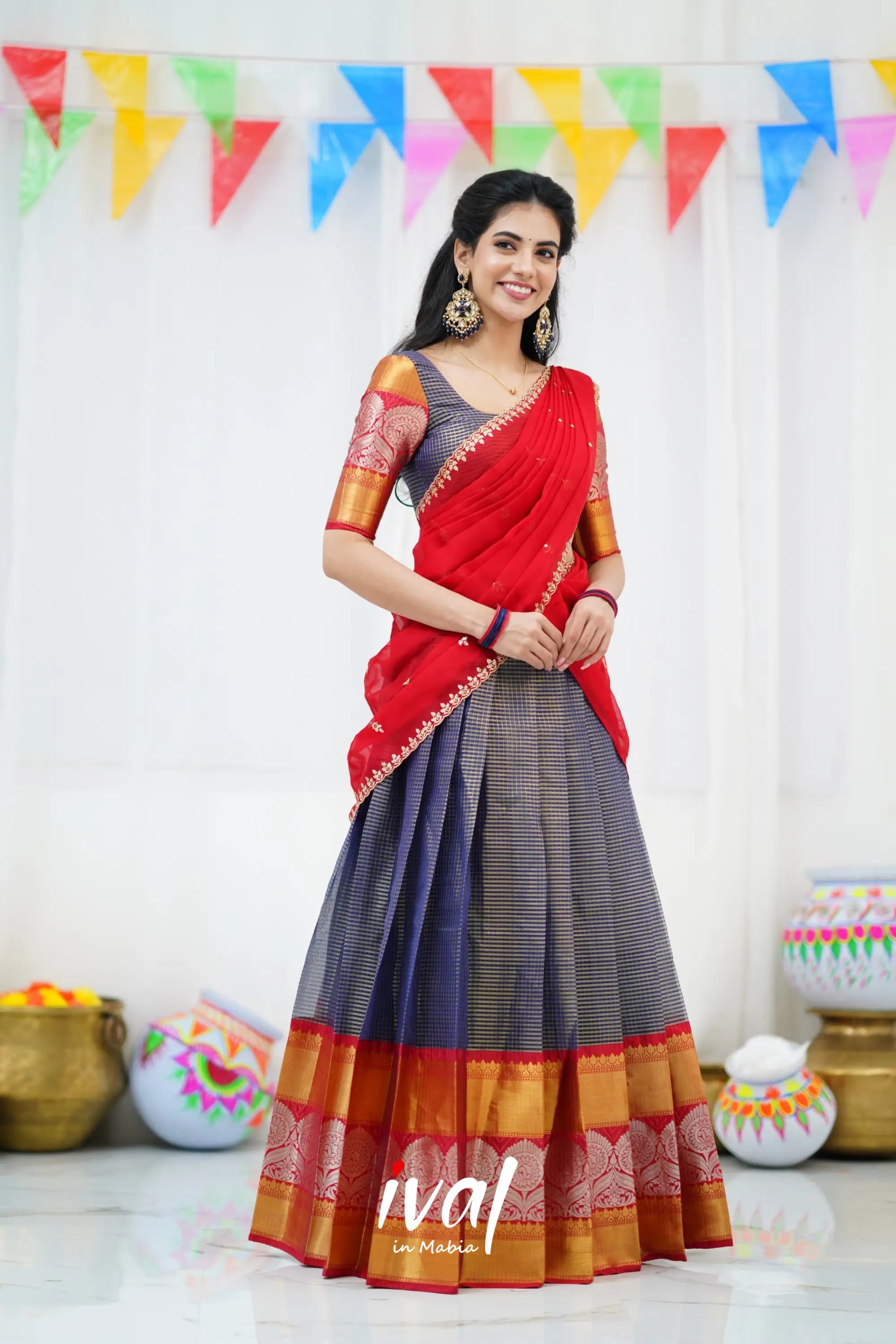 Izhaiyini Organza Halfsaree - Navy Blue And Red Half Sarees