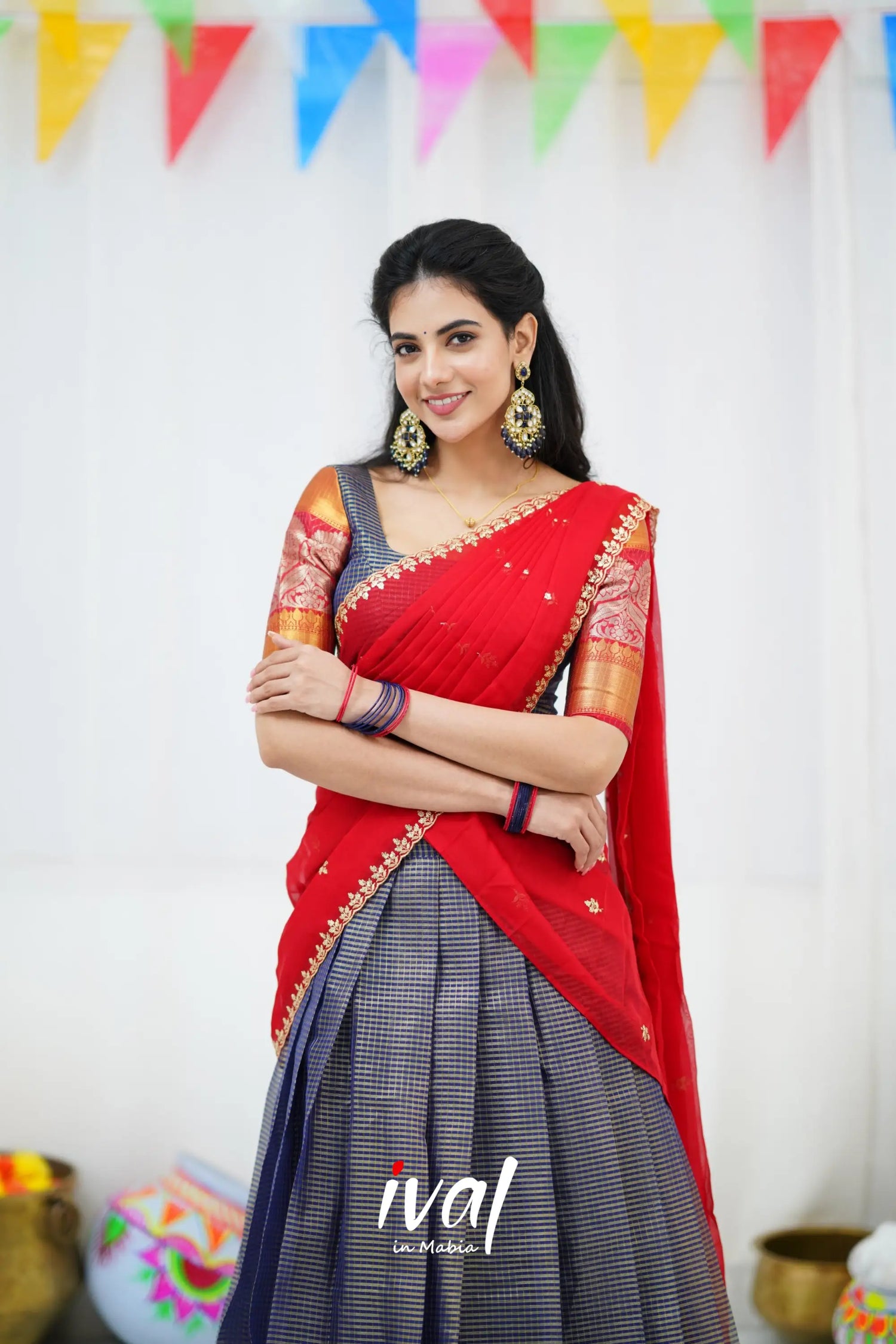 Izhaiyini Organza Halfsaree - Navy Blue And Red Half Sarees