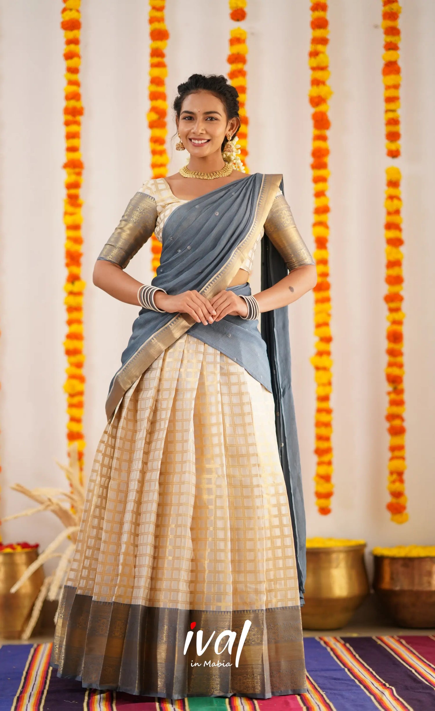 Izhaiyini Organza Halfsaree - Offwhite And Ash Half Sarees