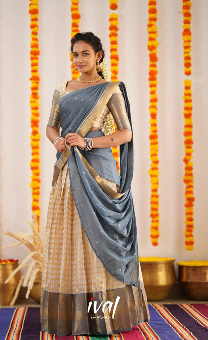 Izhaiyini Organza Halfsaree - Offwhite And Ash Half Sarees