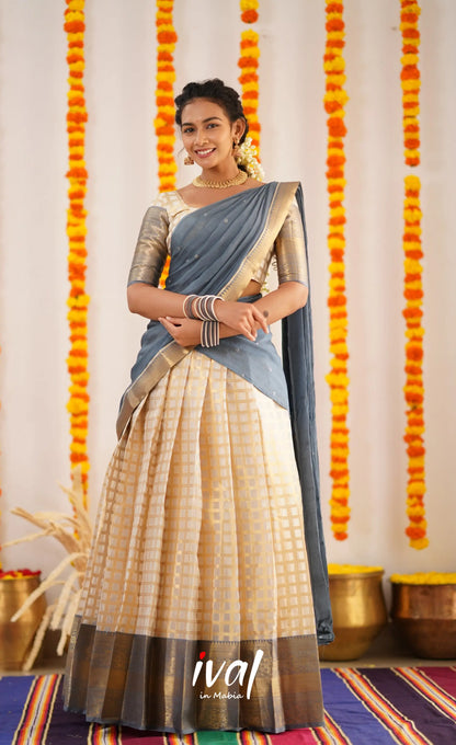 Izhaiyini Organza Halfsaree - Offwhite And Ash Half Sarees