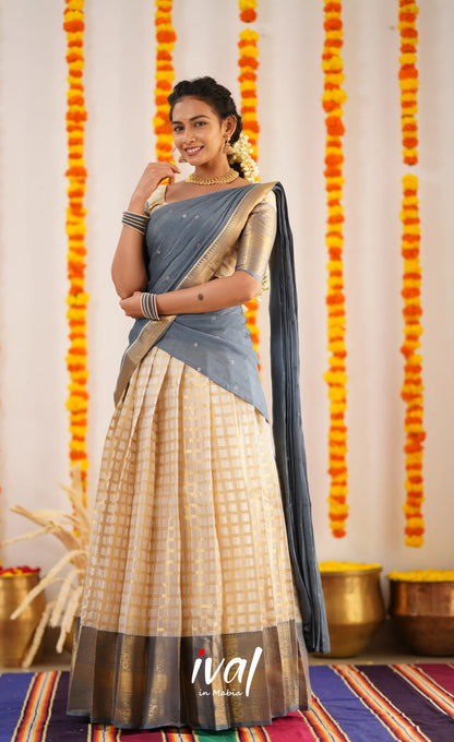 Izhaiyini Organza Halfsaree - Offwhite And Ash Half Sarees