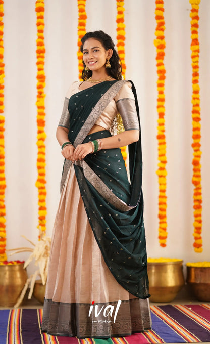 Izhaiyini Organza Halfsaree - Offwhite And Dark Green Half Sarees