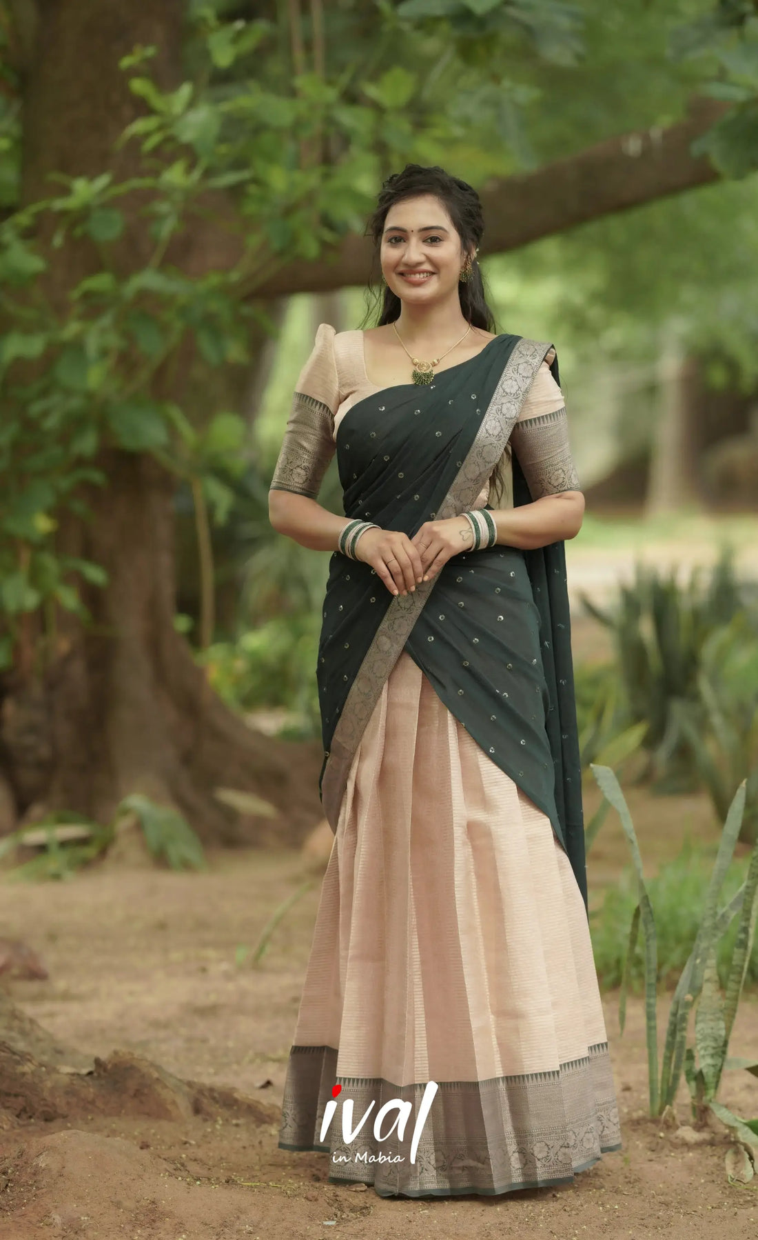 Izhaiyini Organza Halfsaree - Offwhite And Dark Green Half Sarees