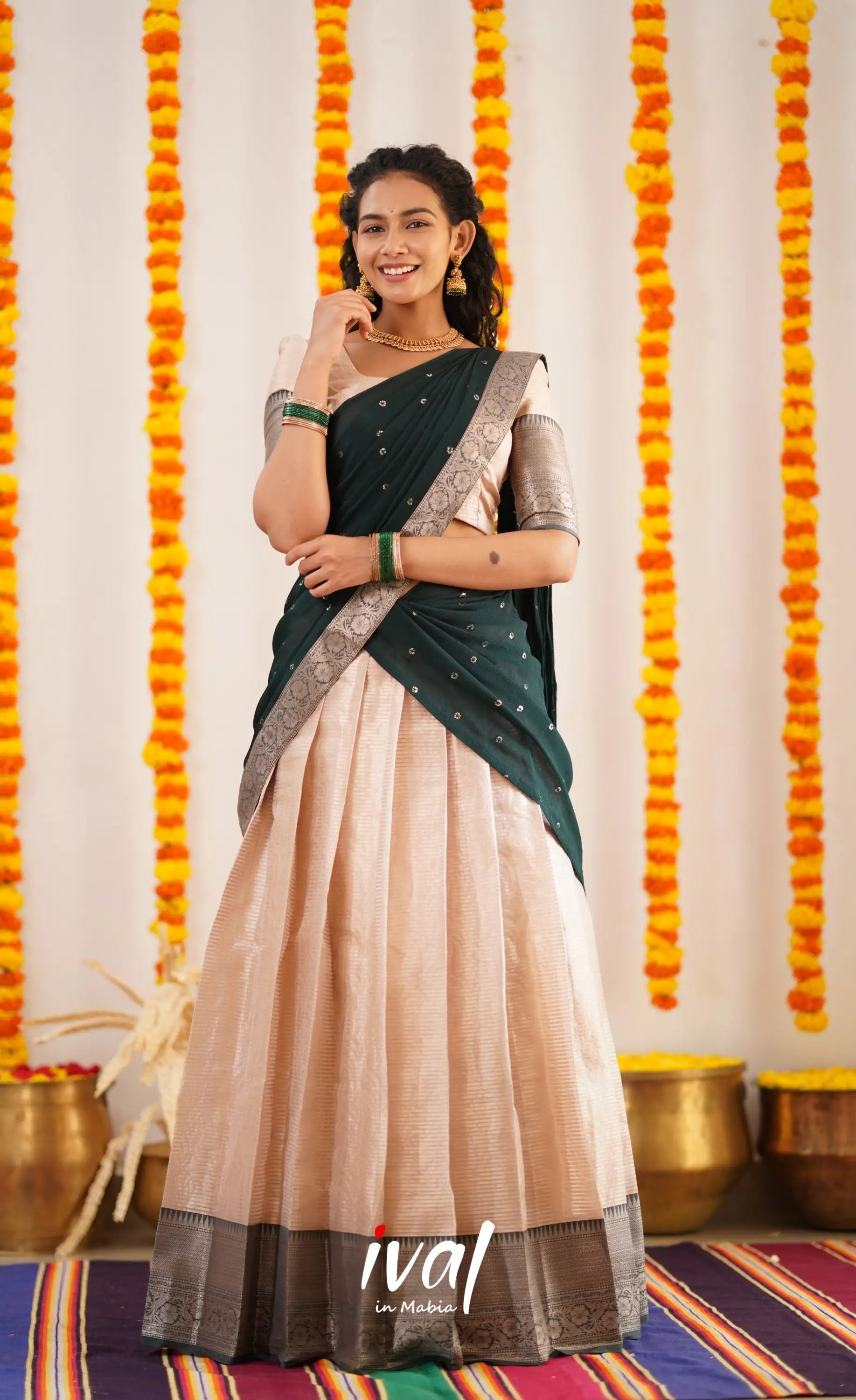 Izhaiyini Organza Halfsaree - Offwhite And Dark Green Half Sarees