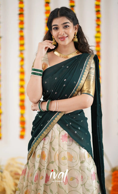 Izhaiyini Organza Halfsaree - Offwhite And Dark Green Half Sarees