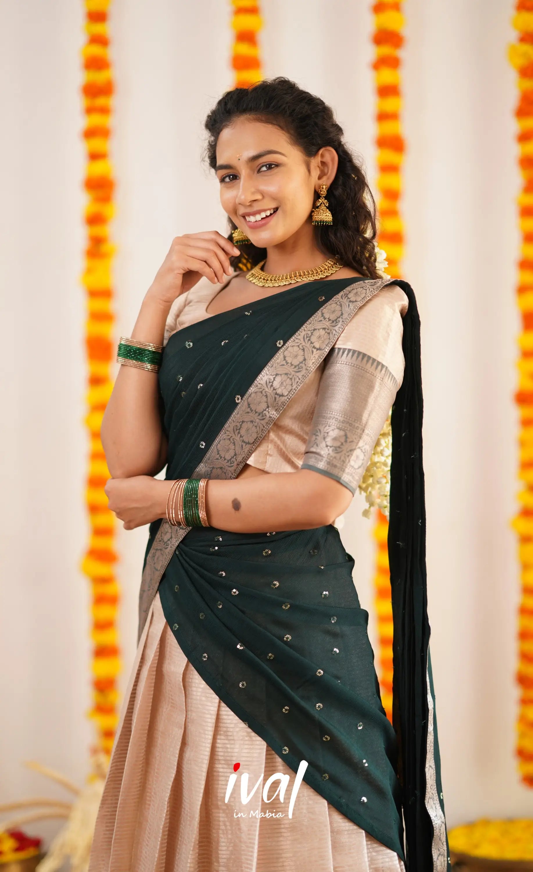 Izhaiyini Organza Halfsaree - Offwhite And Dark Green Half Sarees