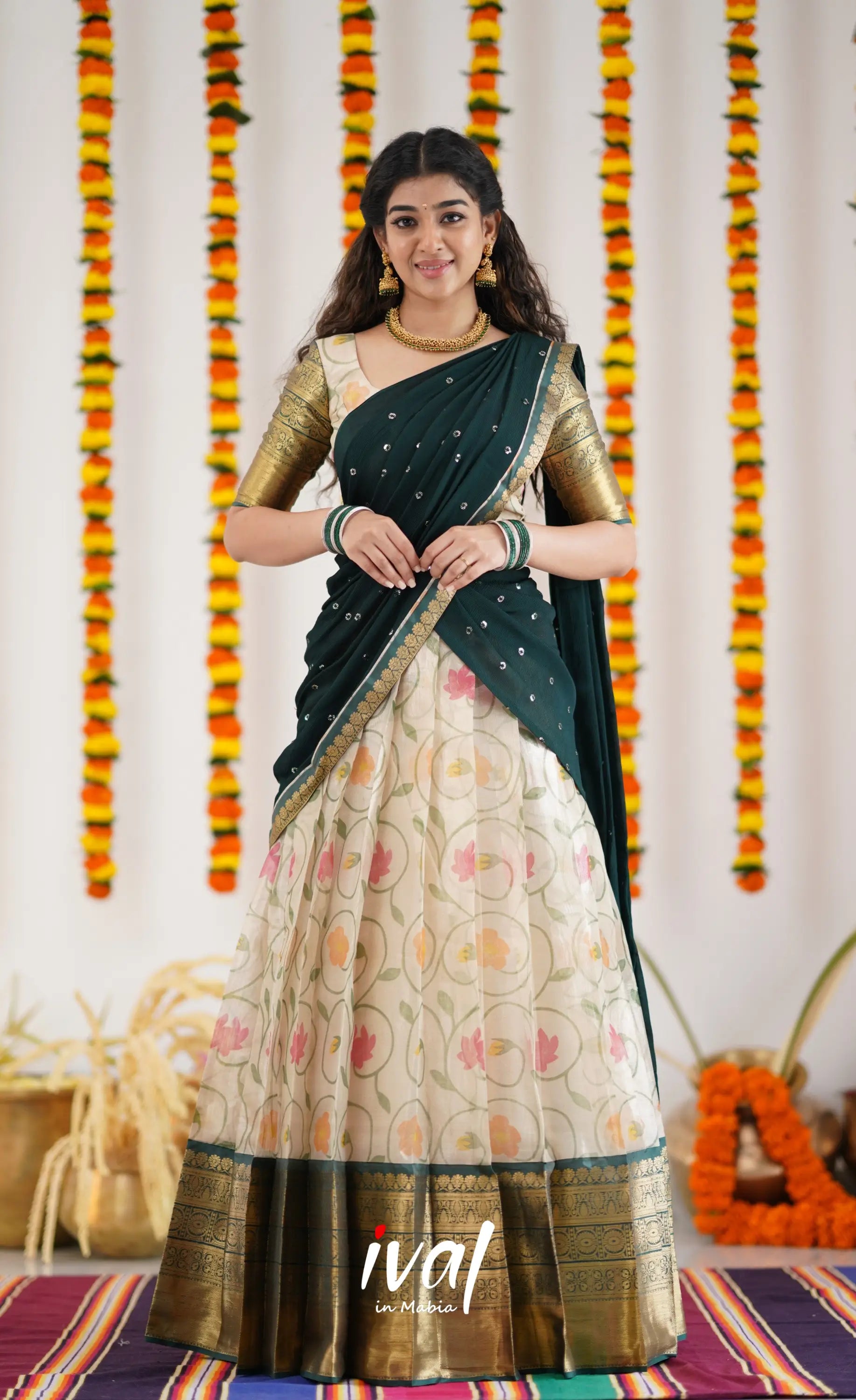 Izhaiyini Organza Halfsaree - Offwhite And Dark Green Half Sarees