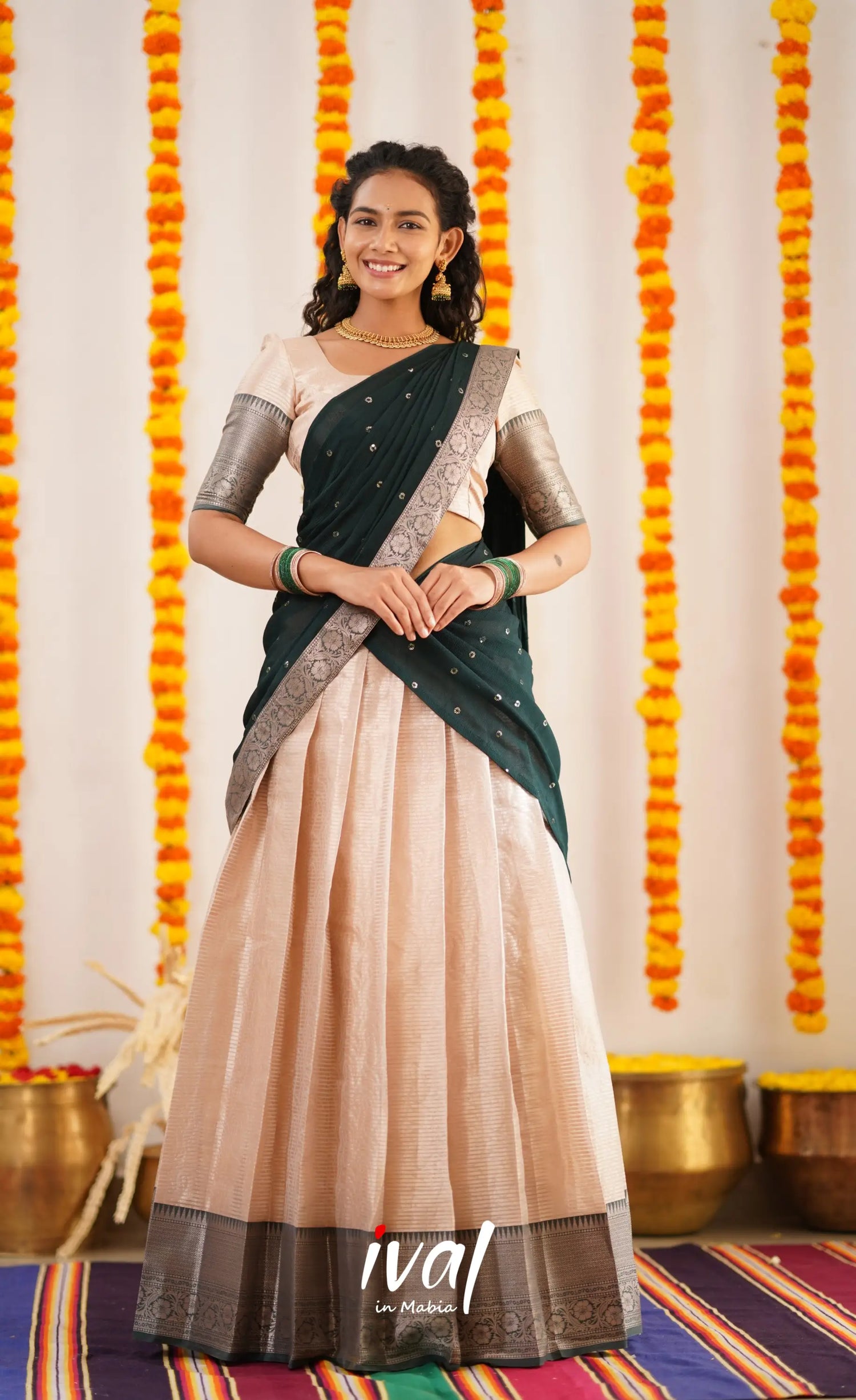 Izhaiyini Organza Halfsaree - Offwhite And Dark Green Half Sarees