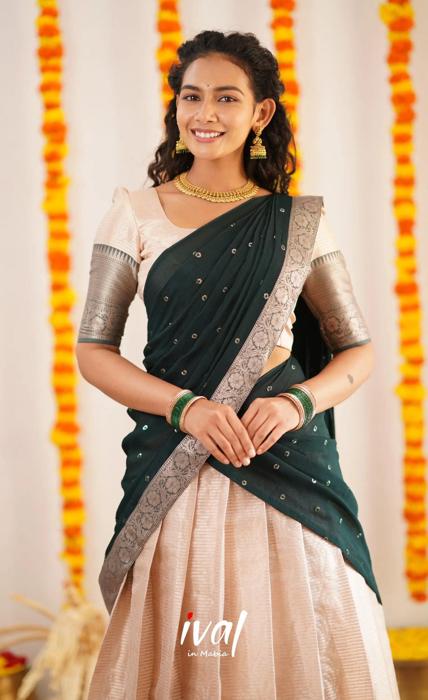 Izhaiyini Organza Halfsaree - Offwhite And Dark Green Half Sarees