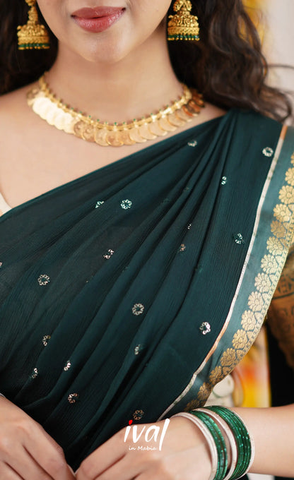 Izhaiyini Organza Halfsaree - Offwhite And Dark Green Half Sarees