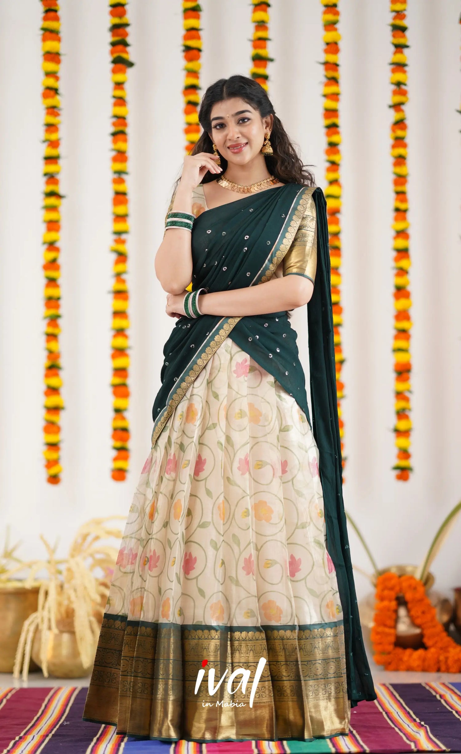 Izhaiyini Organza Halfsaree - Offwhite And Dark Green Half Sarees