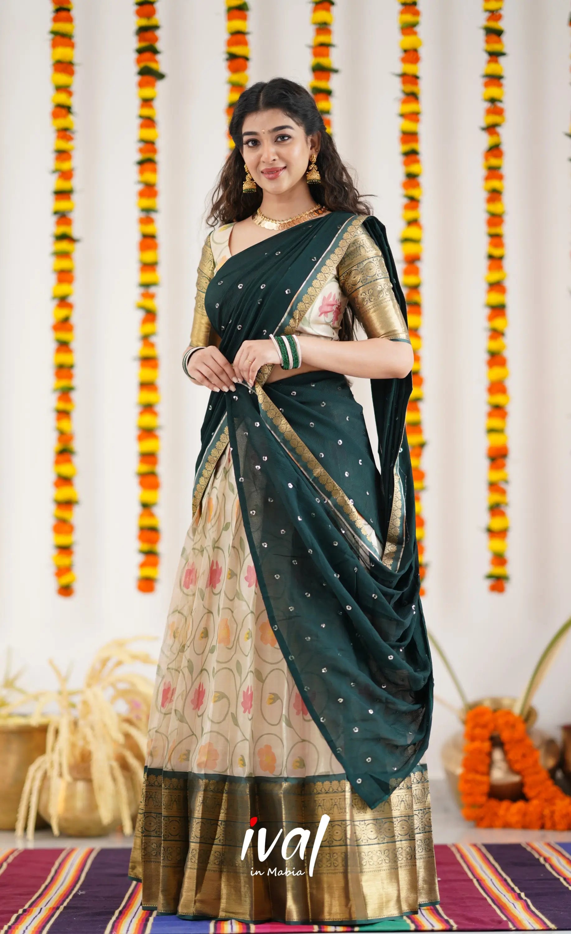 Izhaiyini Organza Halfsaree - Offwhite And Dark Green Half Sarees