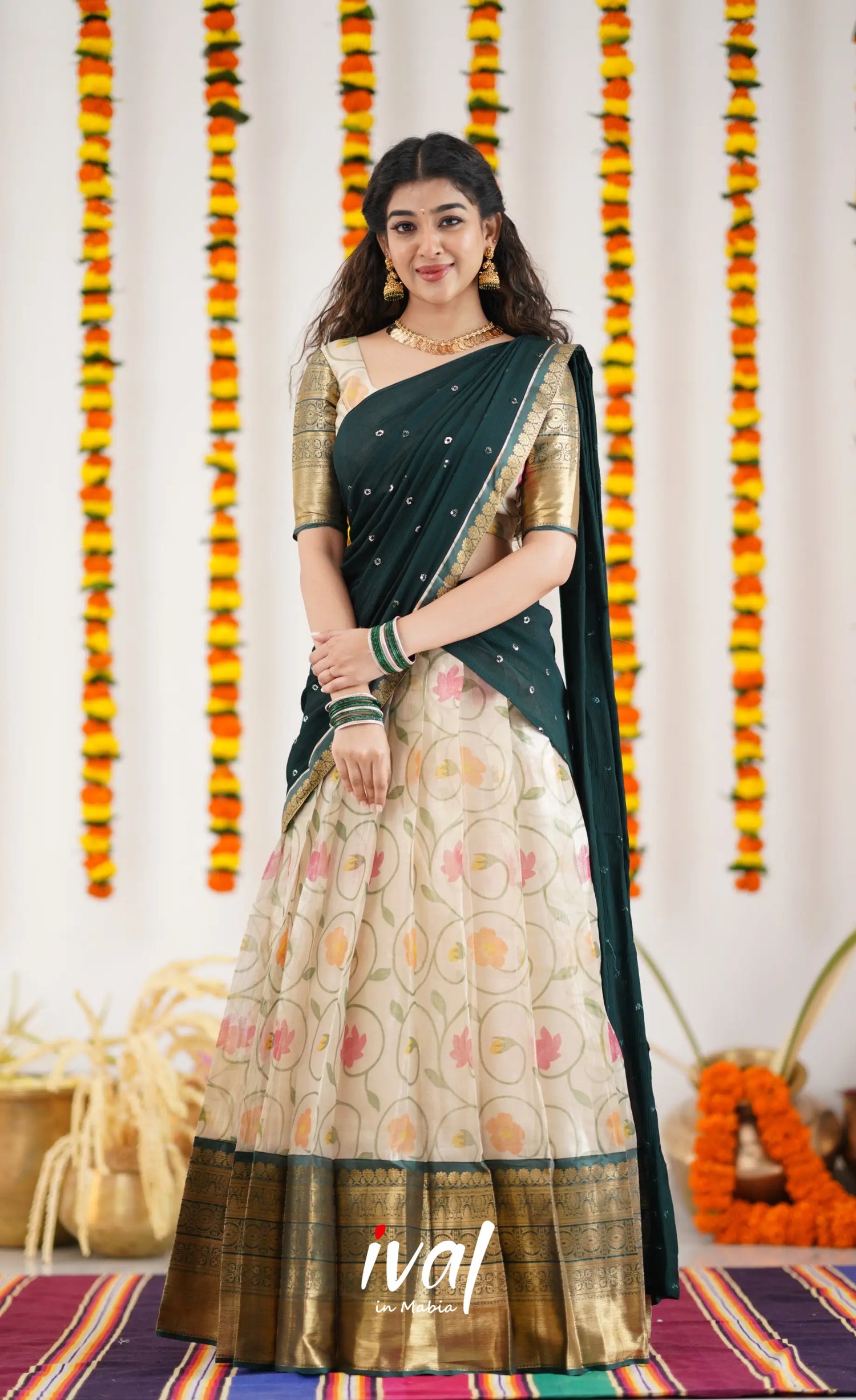 Izhaiyini Organza Halfsaree - Offwhite And Dark Green Half Sarees