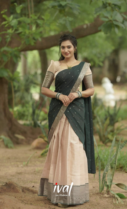 Izhaiyini Organza Halfsaree - Offwhite And Dark Green Half Sarees