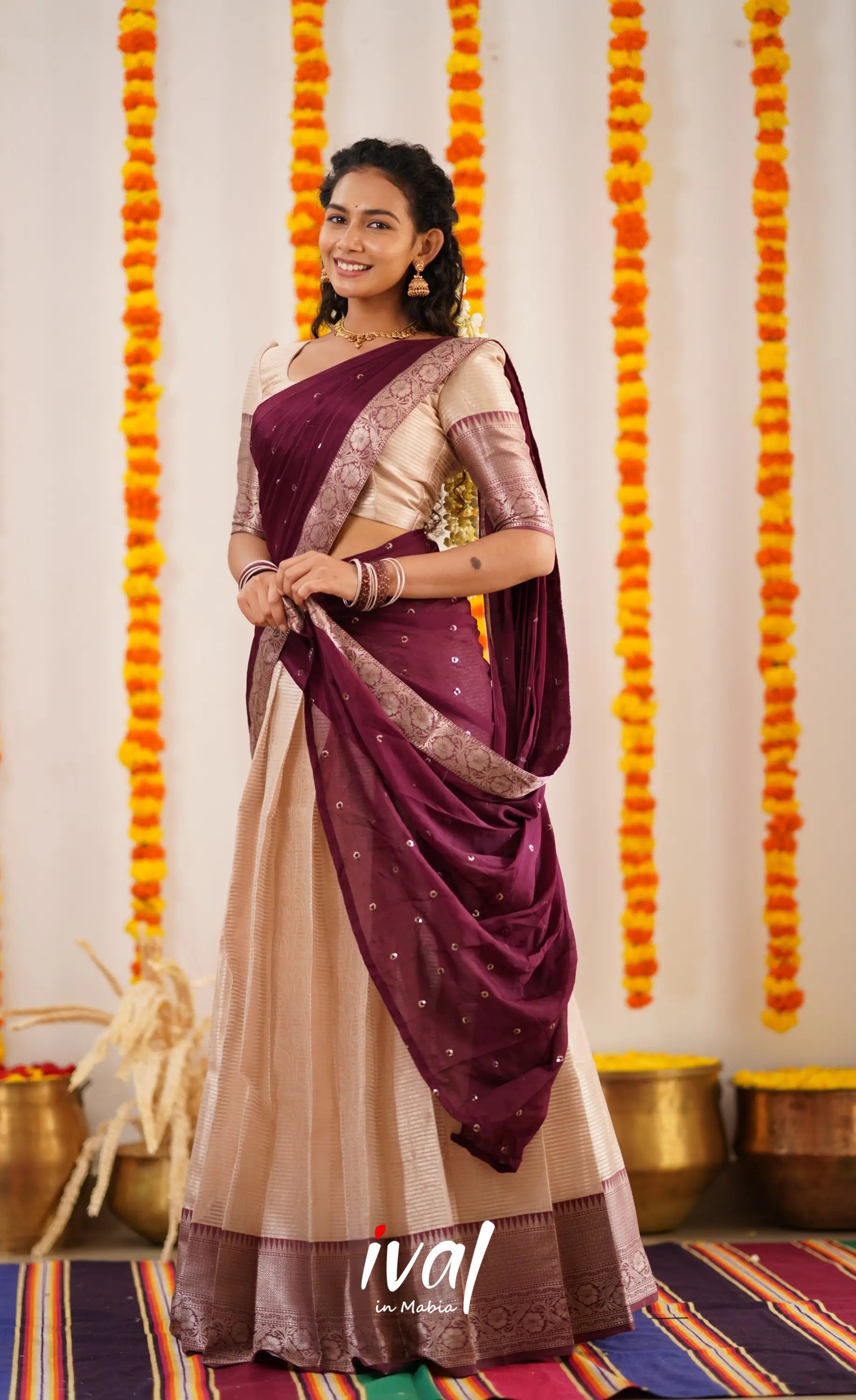 Izhaiyini Organza Halfsaree - Offwhite And Dark Plum Half Sarees