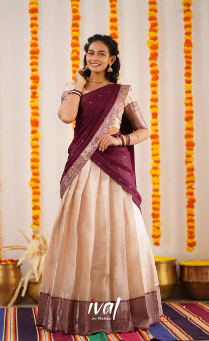 Izhaiyini Organza Halfsaree - Offwhite And Dark Plum Half Sarees