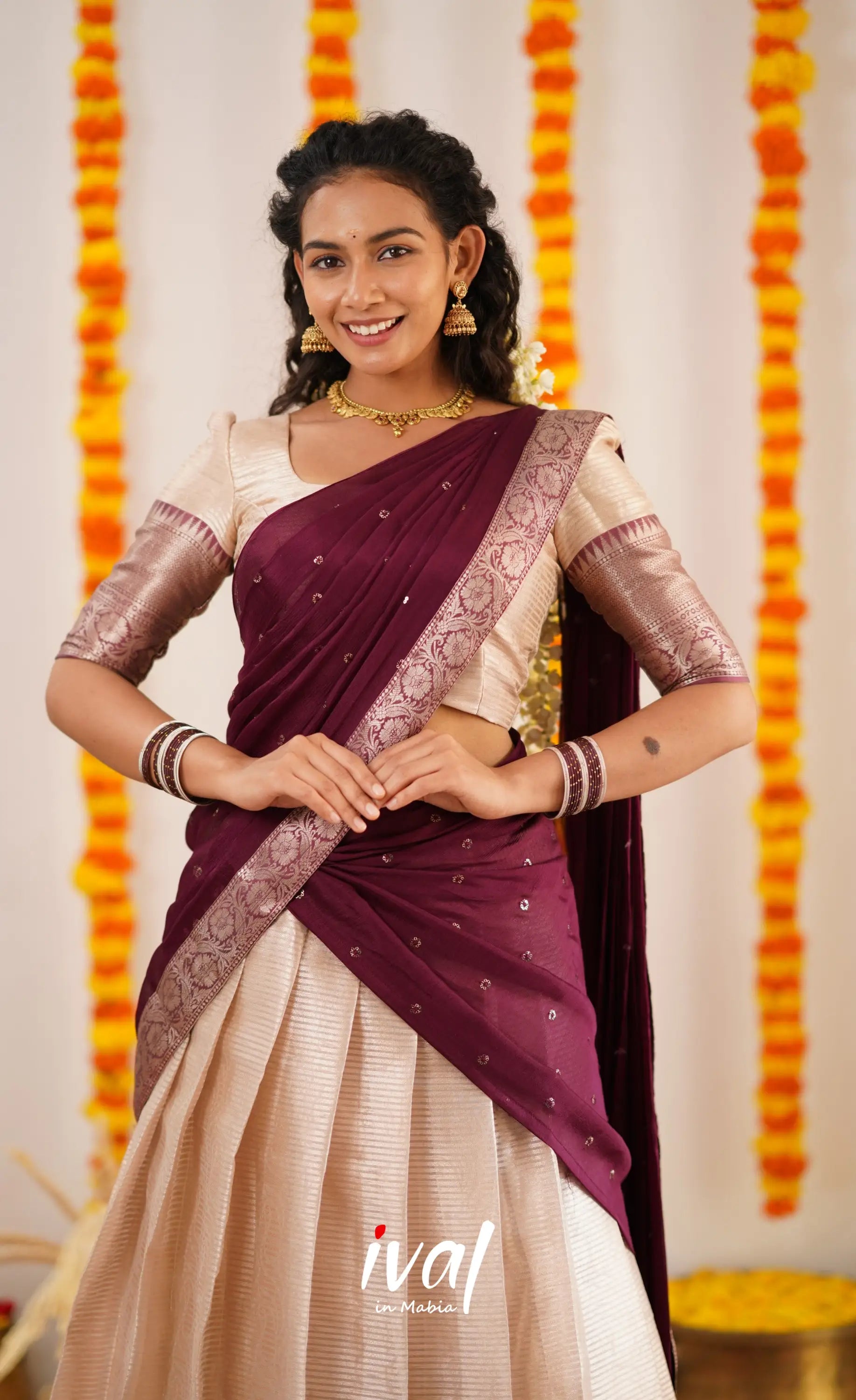 Izhaiyini Organza Halfsaree - Offwhite And Dark Plum Half Sarees