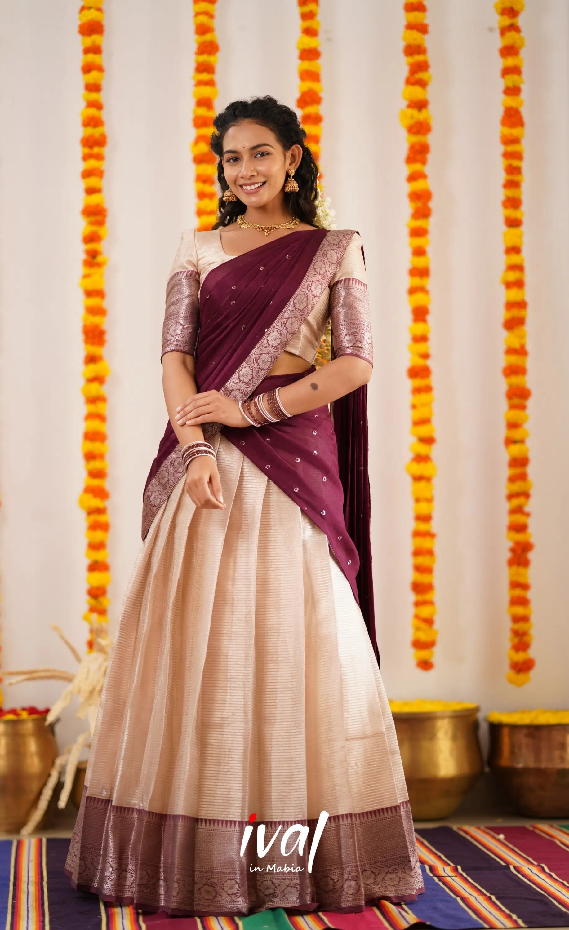 Izhaiyini Organza Halfsaree - Offwhite And Dark Plum Half Sarees