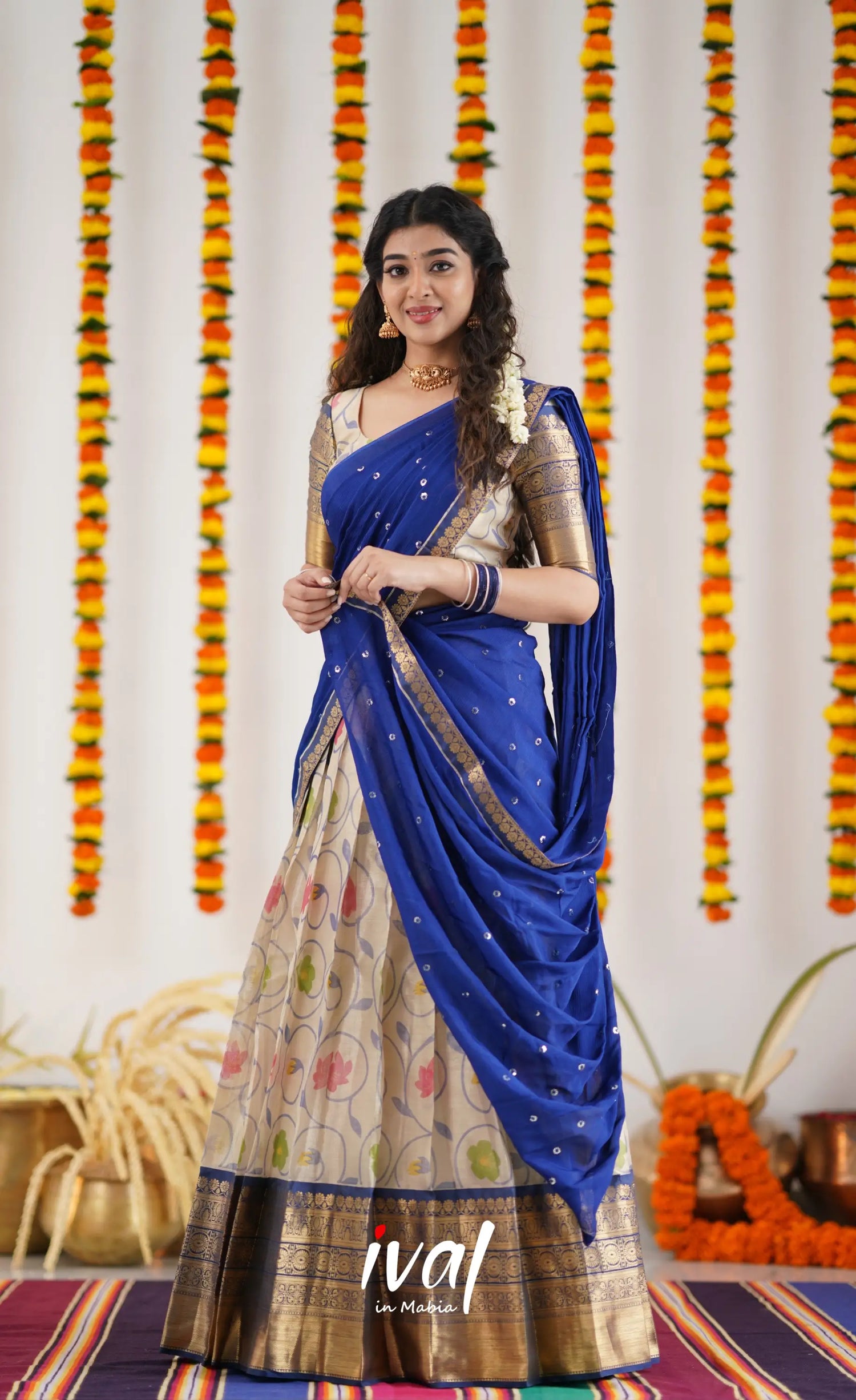 Izhaiyini Organza Halfsaree - Offwhite And Ink Blue Half Sarees