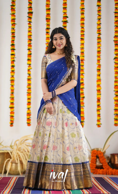 Izhaiyini Organza Halfsaree - Offwhite And Ink Blue Half Sarees