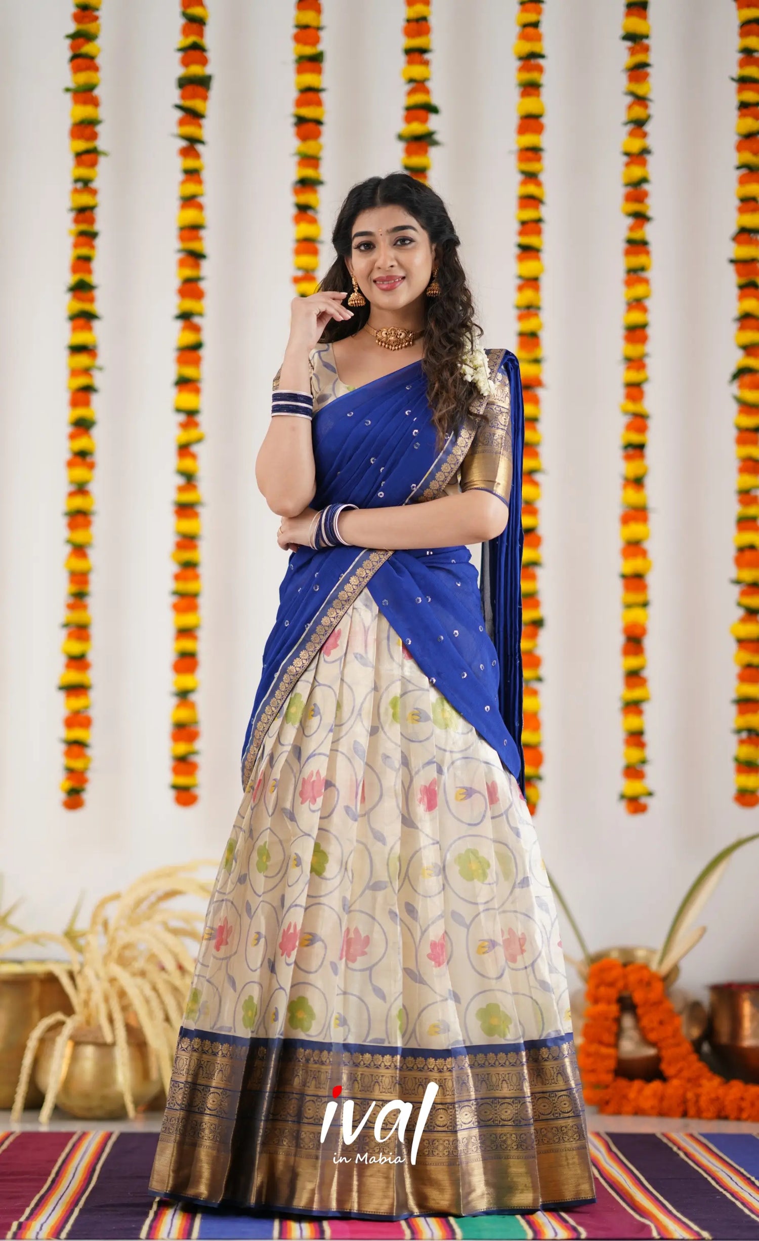 Izhaiyini Organza Halfsaree - Offwhite And Ink Blue Half Sarees