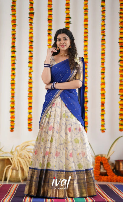 Izhaiyini Organza Halfsaree - Offwhite And Ink Blue Half Sarees