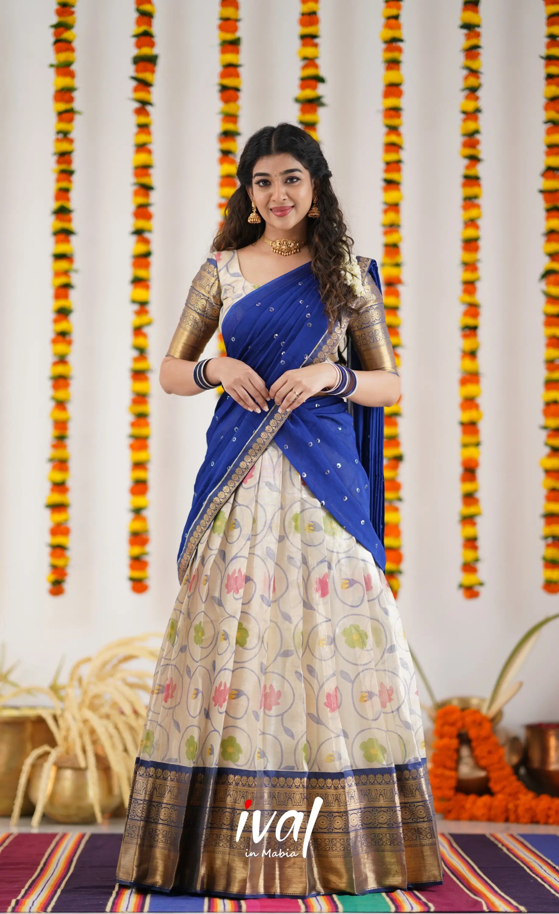 Izhaiyini Organza Halfsaree - Offwhite And Ink Blue Half Sarees