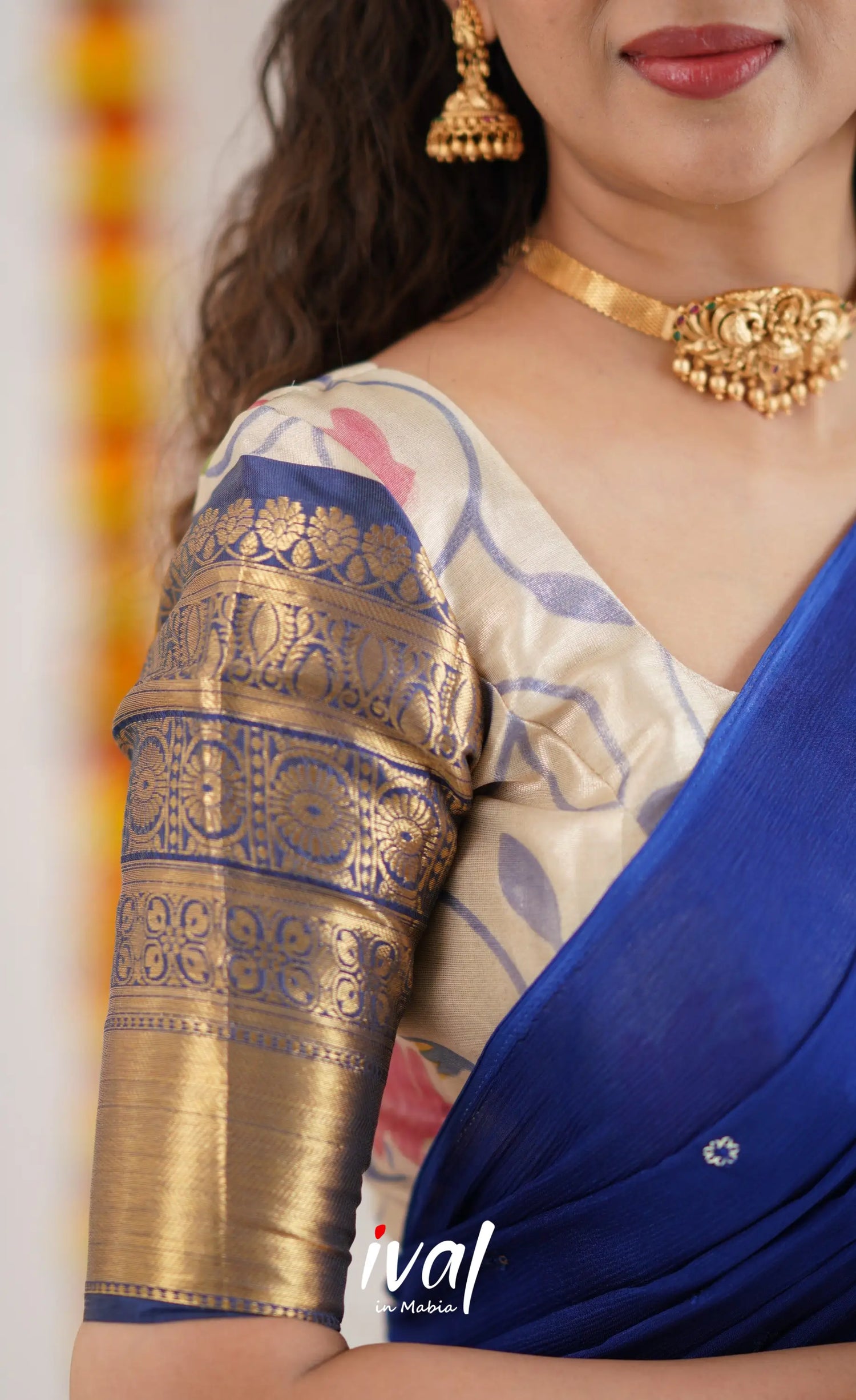 Izhaiyini Organza Halfsaree - Offwhite And Ink Blue Half Sarees