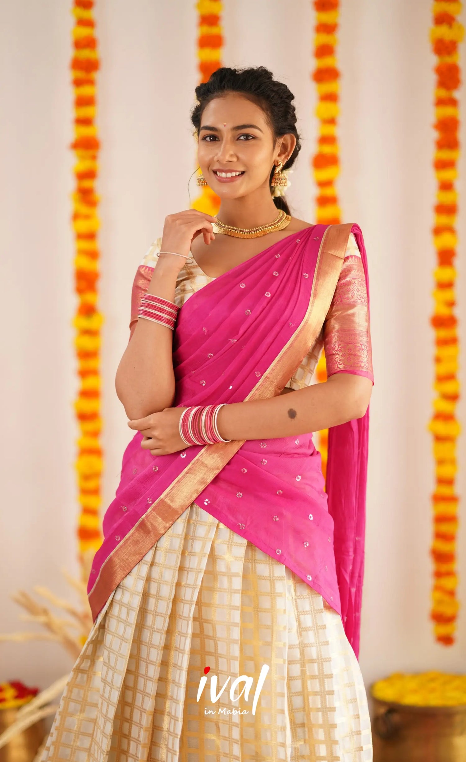 Izhaiyini Organza Halfsaree - Offwhite And Pink Half Sarees